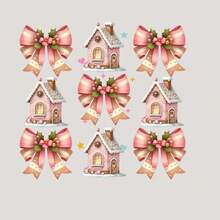 1pc/2pcs/3pcs Christmas Pink House Bow Heat Transfer Stickers, Gold Foil Stickers, Heat Transfer Decals For Hoodies, Pillows, T-Shirts, Backpacks, Jeans, DIY Canvas Bags, Fabric Decorations, Holiday Stickers, Holiday Accents, Glossy Finish, Long-Lasting Adhesive, Apparel Embellishments, Fashion Customization, Gift Making