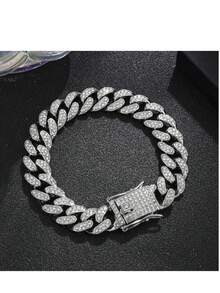 1 Set Unisex Personalized Silver, Hip Hop Rhinestone Encrusted Thick Necklace & Bracelet Butterfly Clasp Combination, European And American Style Thick Gold Chain, Street Hip Hop Rhinestone Necklace & Bracelet Set, Suitable For Women's Daily Wear