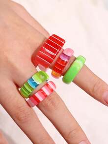 5pcs/Set Red & Green Striped Jelly Rings, Christmas Color Dopamine Ring Set, Everyday & Holiday Stacking Jewelry For Women, Autumn/Winter