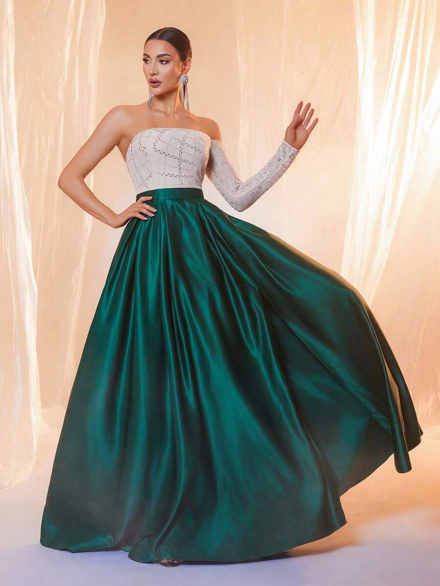 Apricot Green Patchwork Sexy Woven Off-Shoulder Single Sleeve High Slit Maxi Party Evening Dress - Green - View 1