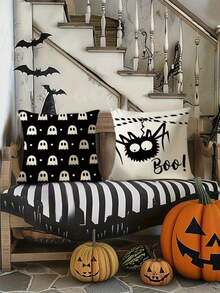 4pcs/1pc Halloween Party Decoration Pillow Cover, Ghost And Spider Web Design, 18*18 Inches Soft Polyester With Zipper Closure, Suitable For Living Room, Room, Sofa And Bedroom (Filling Not Included) Perfect For Halloween Decor, Halloween Decorations, Fall Decor
