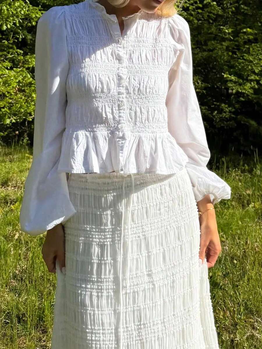 Women's Fall Button Down Blouses Casual Stylish Solid Shirred Ruffled Trim Bubble Long Sleeve Tops - 白色 - 查看 1