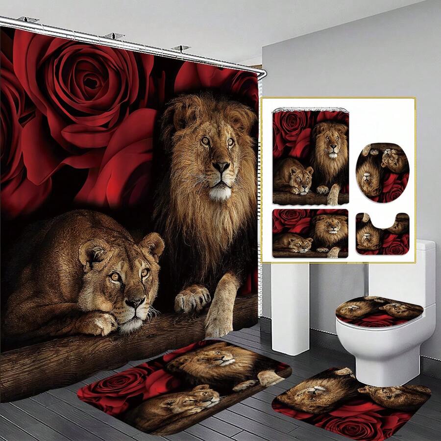 4-Piece Lion And Red Rose: A Four-Piece Shower Curtain Set That Blends Wildness And Romance. It Includes Bathtub Divider Waterproof Shower Curtain, Waterproof Bathroom Partition Curtain With 12 Hooks, Non-Slip Bath Mat, Toilet U-Shaped Mat, Toilet Lid Mat, And Decorative Bathroom. - 多色 - 查看 1