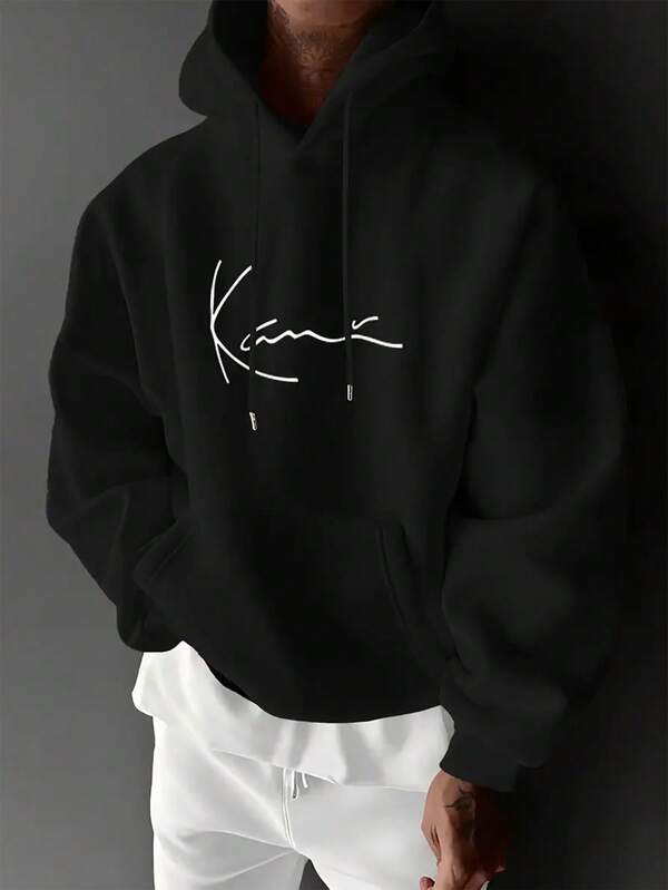 Herren Fleece Hoodie mit abstraktem Liniendruck, Streetstyle, Herbst/Winter