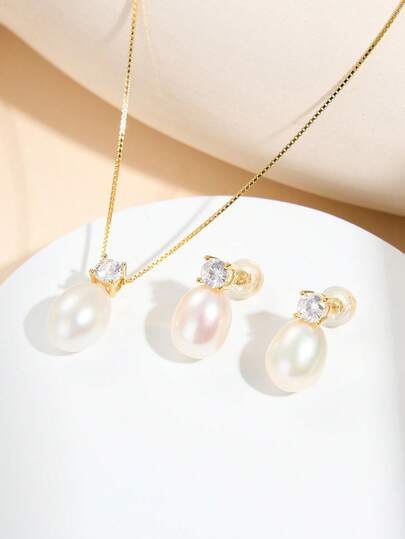 AETOLIA Set di collana e orecchini in argento sterling 925 stile principessa con perle d'acqua dolce ovali da 7-9mm, adatto per uso quotidiano, matrimonio, festa, regalo di compleanno per donna