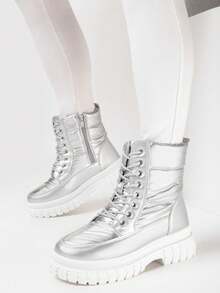 Winter Fashion Versatile Thick Sole Snow Boots With Laces - Silver - View 2