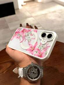 Pink Lily Flowers Pattern Magnetic Clear Phone Case For IPhone 17/16/15/14/13/12/11/Air/ProMax/Pro/Plus For Samsung Galaxy S25-S22/FE/Ultra, Shockproof Acrylic+TPU Cover, Fundas Para Cover De Matching, Creative Y2K Design, Compatible Forroid Cases For Students - 白色 - 查看 4