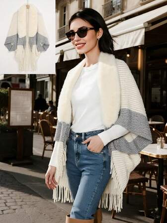 一件女士纯色毛绒领斗篷披肩，时尚百搭，保暖开襟披肩，柔软舒适，透气性好，适合户外活动，流苏设计，百搭外套，适合日常穿着，可作为礼物送给家人或朋友。