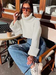 Ribbed Collar Solid Color Cropped Long Sleeve Loose Casual Knit Pullover Top - White - View 4
