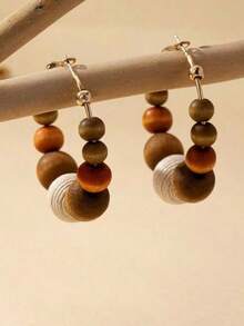 1 Pair Women Wooden Bead Hoop Earrings, Suitable For Daily Wear, Autumn/Winter