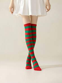 1 Pair Christmas Over-The-Knee High Socks,Women Striped Christmas Costume Over-The-Knee Socks, Green & White Striped Thigh High Warm Stockings For Winter,A Variety Of Colors, Stylish Photo Props,Gifts For Friends, Christmas Party Decorations Home Decor Christmas Decorations Room Decor
