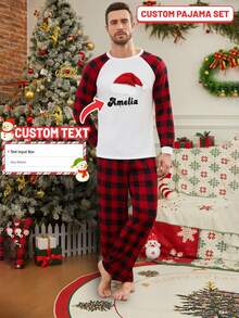 Personalized Christmas Pajama Set For Men, Red & Black Plaid Pants & Long Sleeve Name Printed Top, Unique Holiday Gift, Couple Christmas Pajama Set, Winter - Multicolor - View 2