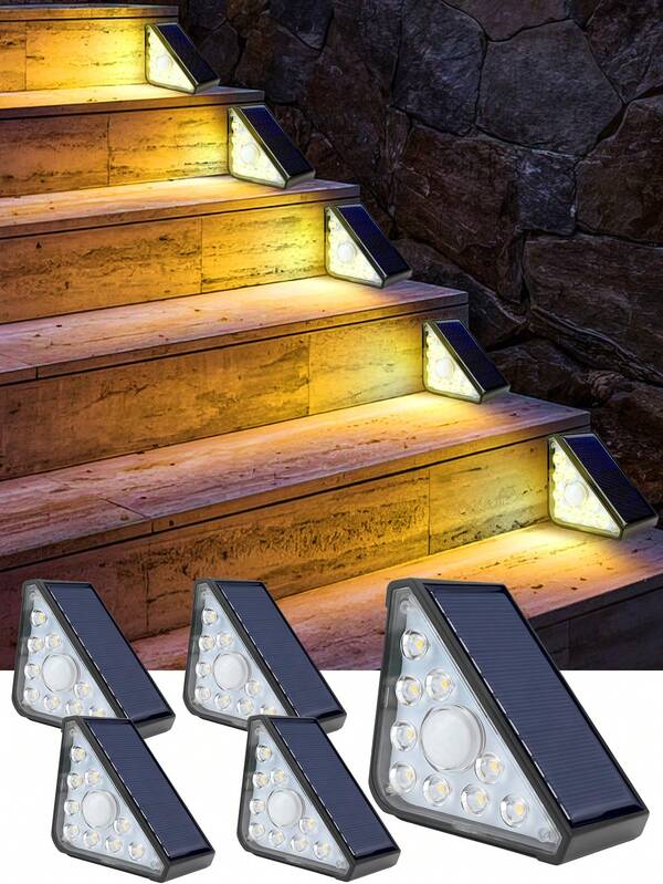 2/4PCS Solar Outdoor Stair Lights 9LED Steps Lights Warm Light Night Lights, Outdoor Garden Solar Lights Path Lights, 3.6V Lithium Battery, Black Sturdy Plastic ABS Waterproof Material, Garden And Yard Decoration, 3 Lighting Modes Smart Light Control, Triangle Simple Stair Lights, Automatically Turn On/Off During Daytime, Perfect For Garden,