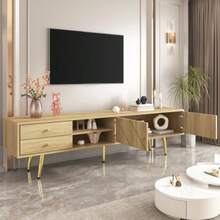 160 Cm TV Cabinet With Golden Legs, Two Drawers And Doors With A Unique Design - Beige - View 5