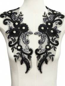 1 Pair Embroidered Beaded Sequin Applique DIY Decor For Wedding Gown, Dress, Lace & Net Sewing Craft Accessories