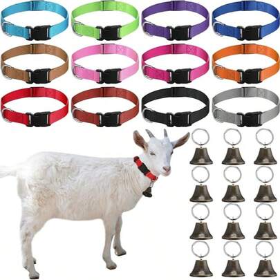 5pcs/Set Goat Collar With Bells, Cowbell For Sheep Goat Grazing, Adjustable Nylon Collar Set, Pet Anti-Lost Loud Copper Bell, Suitable For Small Farm Animals Sheep Goat Cow Accessories