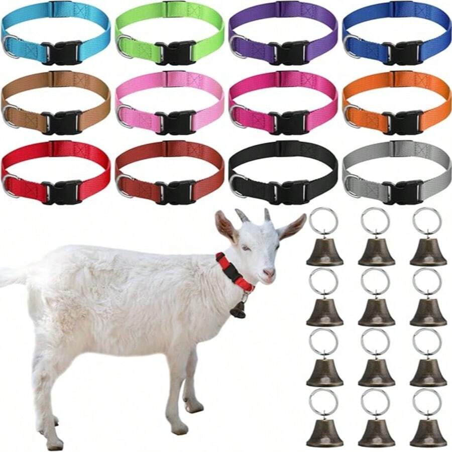 Conjunto de 5 coleiras de cabra com sinos, sino de vaca para pastoreio de ovelhas e cabras, conjunto de coleiras de nylon ajustáveis, sino de cobre alto anti-perda para animais de estimação, adequado para pequenos animais de fazenda, ovelhas, cabras e vacas