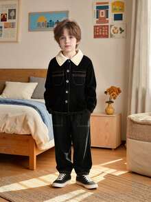 男童及儿童灯芯绒休闲拼色长袖衬衫和工装裤套装，适合日常聚会、度假和户外活动