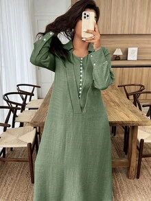 橄榄绿优雅褶皱长裙，适合婚礼、度假、海滩和休闲外出，春夏款 - 橄欖綠 - 查看 5