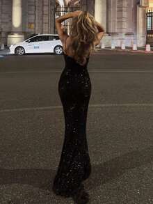 魅力优雅性感浪漫迷人黑色亮片吊带V领长裙，适合派对、正式场合、约会、度假、春秋季女装 - 黑色 - 查看 2