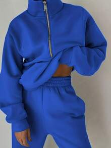 Women's Two-Piece Set Sweatshirt Fleece Sports Street Casual Fashion Outfit For Women - Màu xanh lam - Xem 2