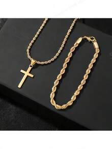 2Pcs/Set Men's Cross Pendant Necklace Hand Chain Necklace Set Fashionable And Simple Braided Design Suitable For Streetwear And Hip Hop Style Gift