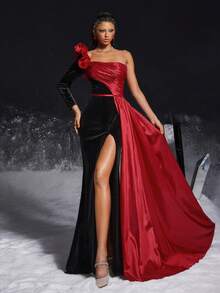 VIPGIRL Elegant Red And Black One-Shoulder High Slit Dress, Floral Shoulder Decor, Women's Formal Ball Gown, Evening Dress - Black - View 8