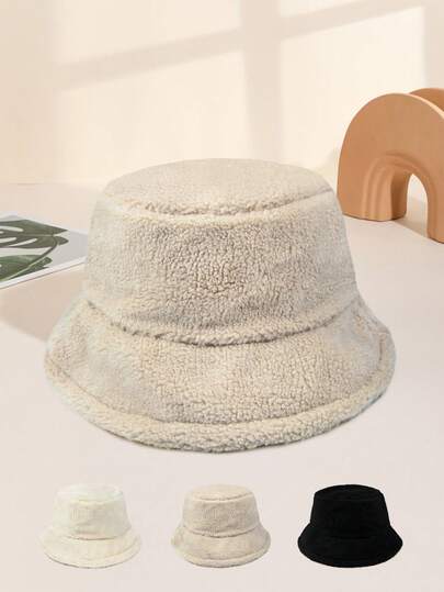 قبعة دلو من نوع المرأة ذات لون واحد فاخرة وناعمة، قبعة دلو سميكة دافئة ومقاومة للرياح، قبعة عصرية متعددة الاستخدامات مناسبة للخريف والشتاء