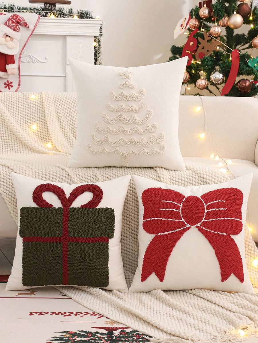 1pc/2pcs Christmas Decorative Pillow Cover, Christmas Tree Plush Embroidered Canvas, Farmhouse Decor For Living Room Sofa, Holiday Gift, Cream Color