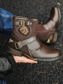 Stivali con cerniera laterale, stivali da moto retrò con decorazioni metalliche in colore abbinato