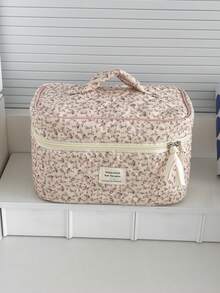 All-Over Floral Corduroy Makeup Bag, Floral Printed Fabric Zipper Pouch, Cute Countryside Style Toiletry Organizer For Daily Use, Home Or Travel Make Up Bag - Pink - View 11