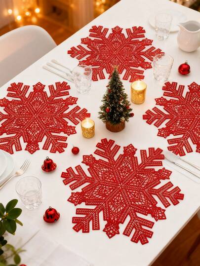 1/4 قطعة حصيرة طاولة بشكل نجمة الثلج مصنوعة بالحقن المُجوَّف، باللون الذهبي والفضي والأحمر، قابلة للغسيل وسهلة التنظيف، قابلة للمسح، مانعة للانزلاق، ديكور طاولة عيد الميلاد