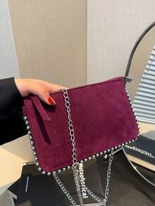 Handmade Chain Strap Shoulder Bag, Versatile & Multifunctional, Metallic Silver Color, Baguette Underarm Handbag, Shoulder/Crossbody Bag, Zipper Closure - Grey - View 6