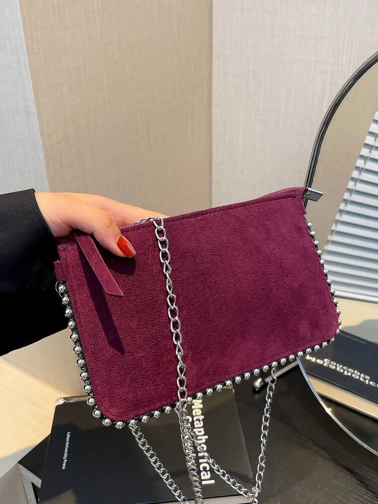 手工链条肩带单肩包，多功能，金属银色，法棍腋下手提包，单肩/斜挎包，拉链开合 - 灰色 - 查看 6