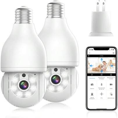 E T EASYTAO. |   2PCS Q17 Foco con Camara de  WiFi, 2MP Camara de Foco 360 ° , iCSee Tris Home App, Base E27, Visión Nocturna, Audio Bidireccional, Detección de Movimiento, Compatible con Alexa