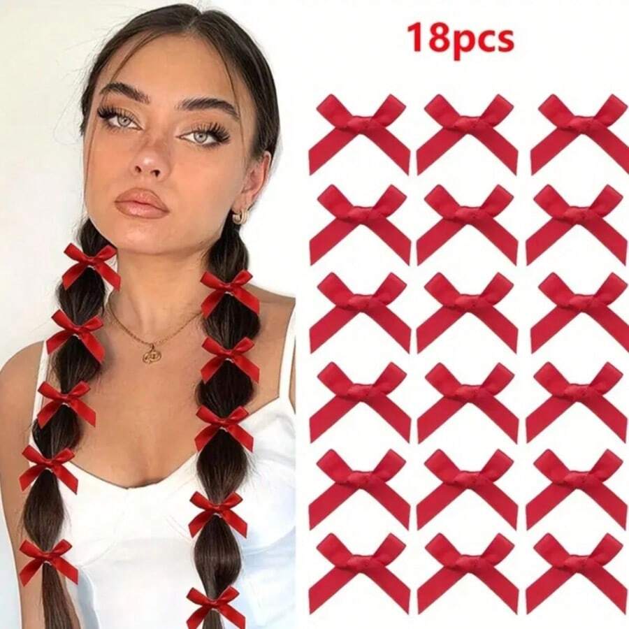 18 件女士蝴蝶结发带发饰小蝴蝶结发夹小缎带发夹迷你蝴蝶结发夹女士女孩发饰，爪夹，发夹，发夹 - 紅色 - 查看 1