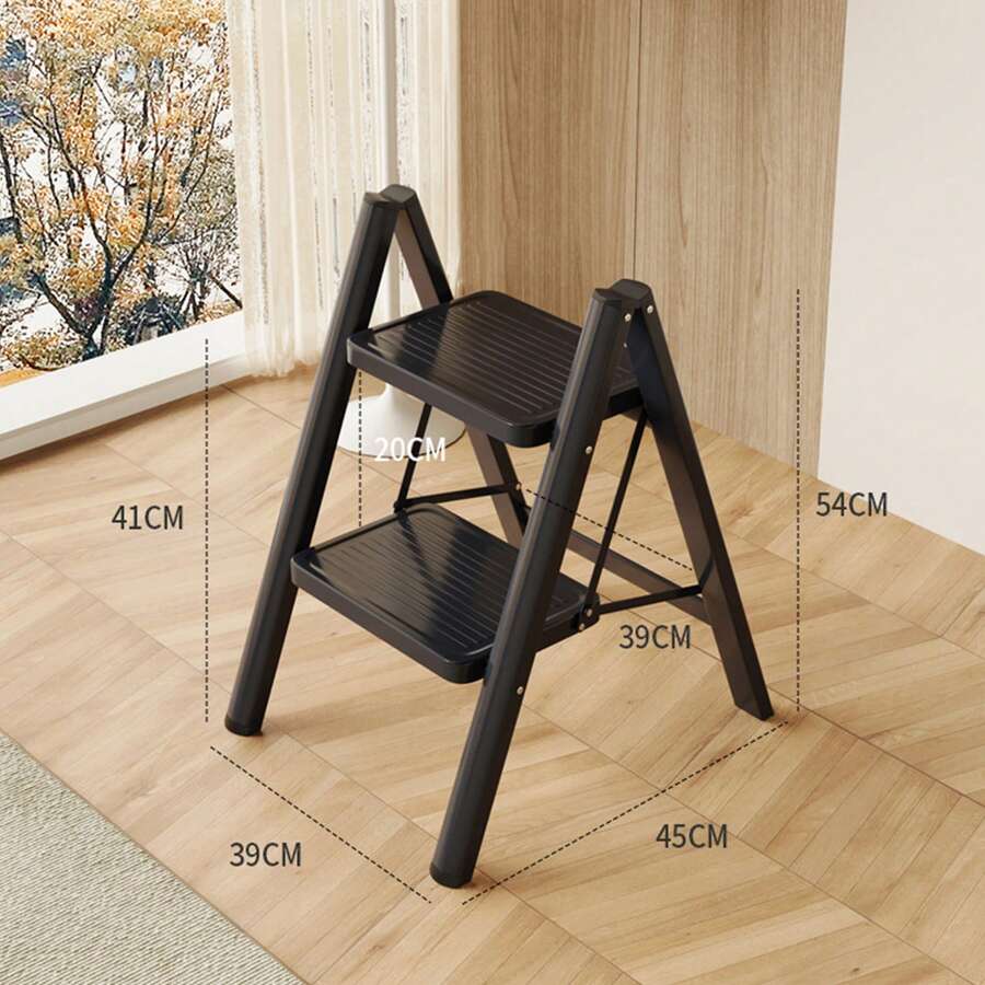 2-Step Folding Ladder With Wide Non-Slip Steps, Ideal For Home And Kitchen, Lightweight And Portable, With Sturdy Frame, Modern Design, Durable Construction - Black - View 1