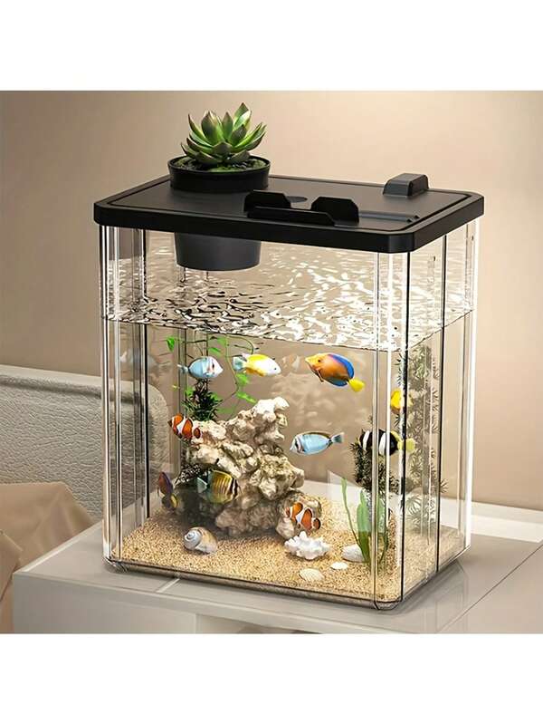 1 Rectangular High-Transparency Fish Tank With Phone Holder Ideal For Home Living Rooms, Study Areas, And Office Desks Home Decor