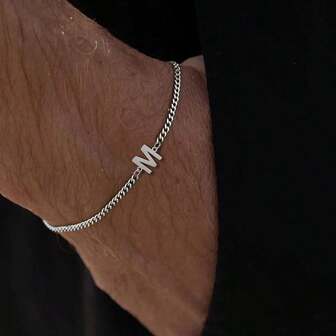 1pc Classic Initial Silver Color Stainless Steel Cuban Chain Bracelet For Men