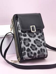 新款斜挎包多功能大容量双层拉链手机钱包时尚简约精致图案印花休闲度假约会女士钱包钱包腕带钱包 - 黑色 - 查看 2