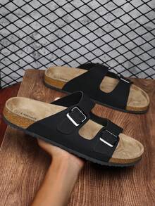 Fashionable Casual Black Suede Double Strap Mule Slippers, Adjustable Dual Metal Buckle Non-Slip Soft Cork Bottom Slip-On House Slippers, Suitable For Christmas, Halloween, Home, Date, Strolling, Commuting, Party, Beach