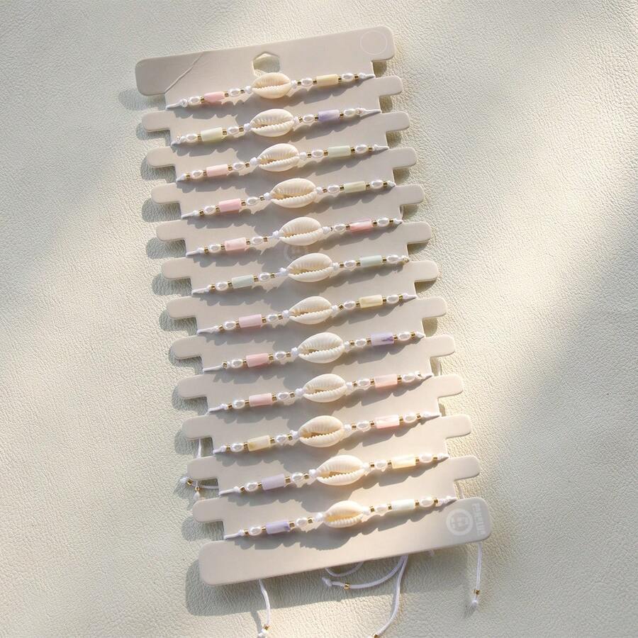 12pcs Bohemian Style Elegant Shell Beaded Adjustable Bracelets Set, Natural Shell, Women Holiday Party Gift