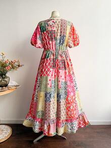 Rusttydustty Đầm tay phồng kiểu Bohemian phối nhiều mảnh, đầm dự tiệc trà cỡ lớn dành cho nữ, đầm thanh lịch dự lễ hội âm nhạc và kỳ nghỉ. - Nhiều màu - Xem 7