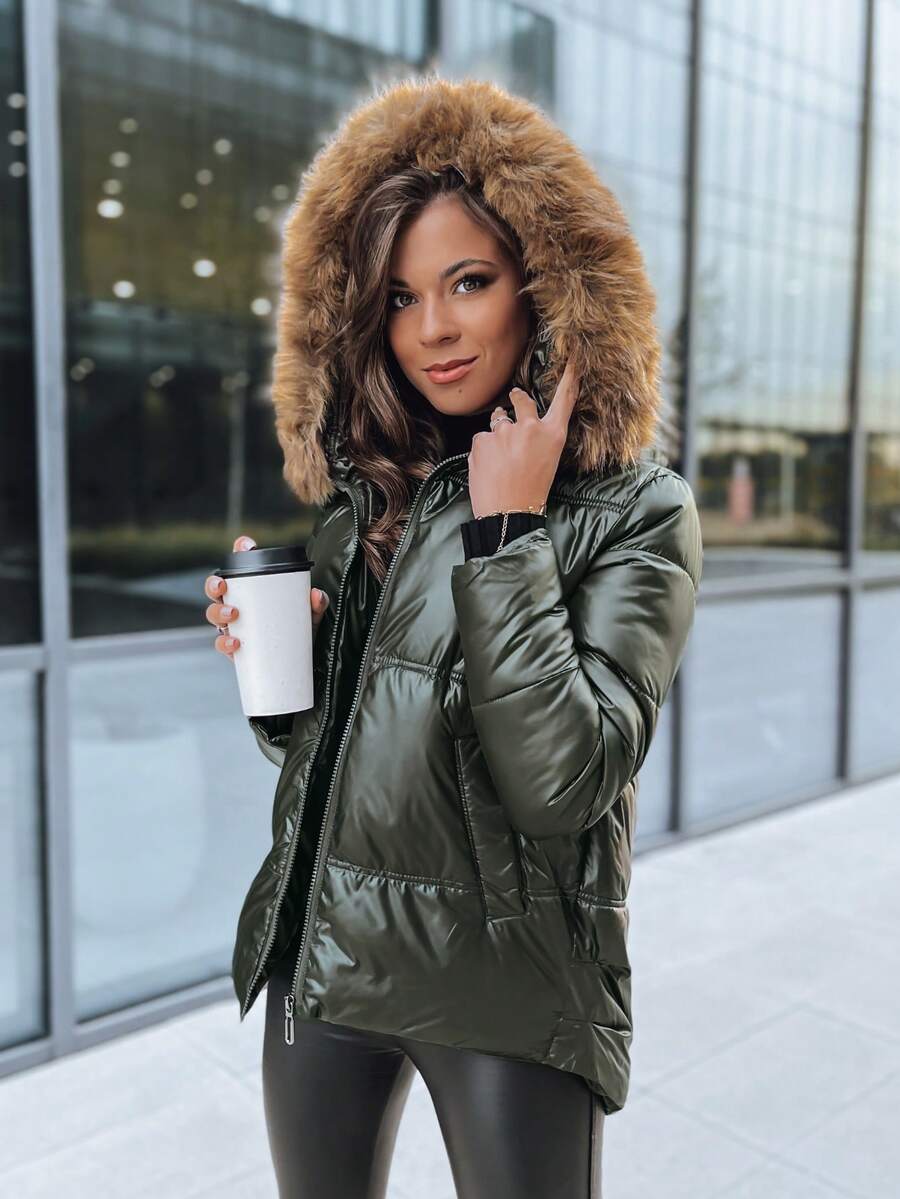 Women's Quilted Winter Jacket With Large Hood And Detachable Faux Fur, Featuring Asymmetric Cut Design For Comfort And Fashion, Ideal For Everyday Wear And Formal Winter Looks - Green - View 1