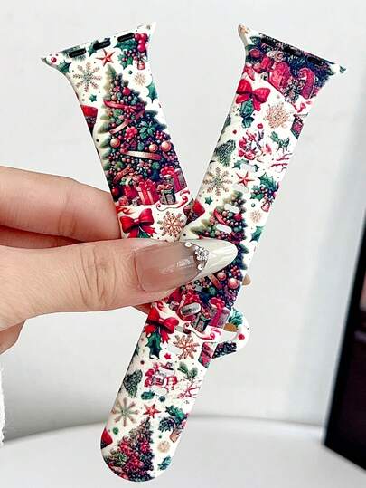 1pc Christmas Theme Elements Printed Silicone Watch Band Compatible With Apple Watch Band Strap 38mm 40mm 41mm 42mm 44mm 45mm 49mm (S10 42)Mm (S10 46)Mm, Fashionable Soft Silicone Sports Watch Strap Bands Compatible With Iwatch Series 11 Ultra 3 SE3 Ultra 2 S10 SE2 9 8 7 SE 6 5 4 3 2 1 , Fine Women Fashion Watch Accessories, Smart Watch Strap/Band, Unique Personalized And Style Strap