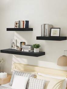 1pc Floating Shelf, Wooden Wall Mounted Storage Rack, Photo Display Holder, Spice Rack, Decorative Wall Hanging Shelf With Invisible Bracket, Deep Storage Shelf, Suitable For Bathroom, Bedroom, Living Room - Black - View 7
