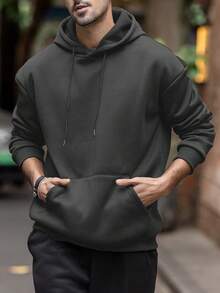 Men's Casual Street Hooded Sweatshirt, Solid Color With Thermal Lining, Loose Fit, Autumn/Winter