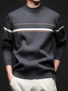 Men's Autumn/Winter Round Neck Striped Sweater, Stand Collar Business Casual Knit Pullover, Comfortable For Party, Home Wear, Long Sleeve Top - Grey - View 7