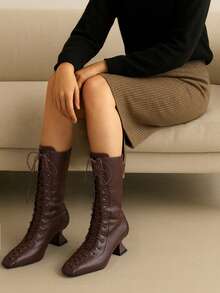 Womens Vintage Victorian Boots 70s Lace Up Mid Calf Boots Mid Heel Witch Granny Booties Costume Shoes Cone Heel Zipper Square Toe - 棕色 - 查看 6