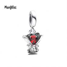 Manyilus 1 Stück Original 925 Sterling Silber Anhänger Perlen: Liebespfeil, Roter Diamant Blumenstrauß, Rosa Emaille Bass Gitarre, Pfanne mit Messer und Gabel, Katzenpfoten Knochen Stab, Rosa Herz mit Flügeln, Bunte Färbepinsel, Stern mit goldenem rundem Diamant Spirale